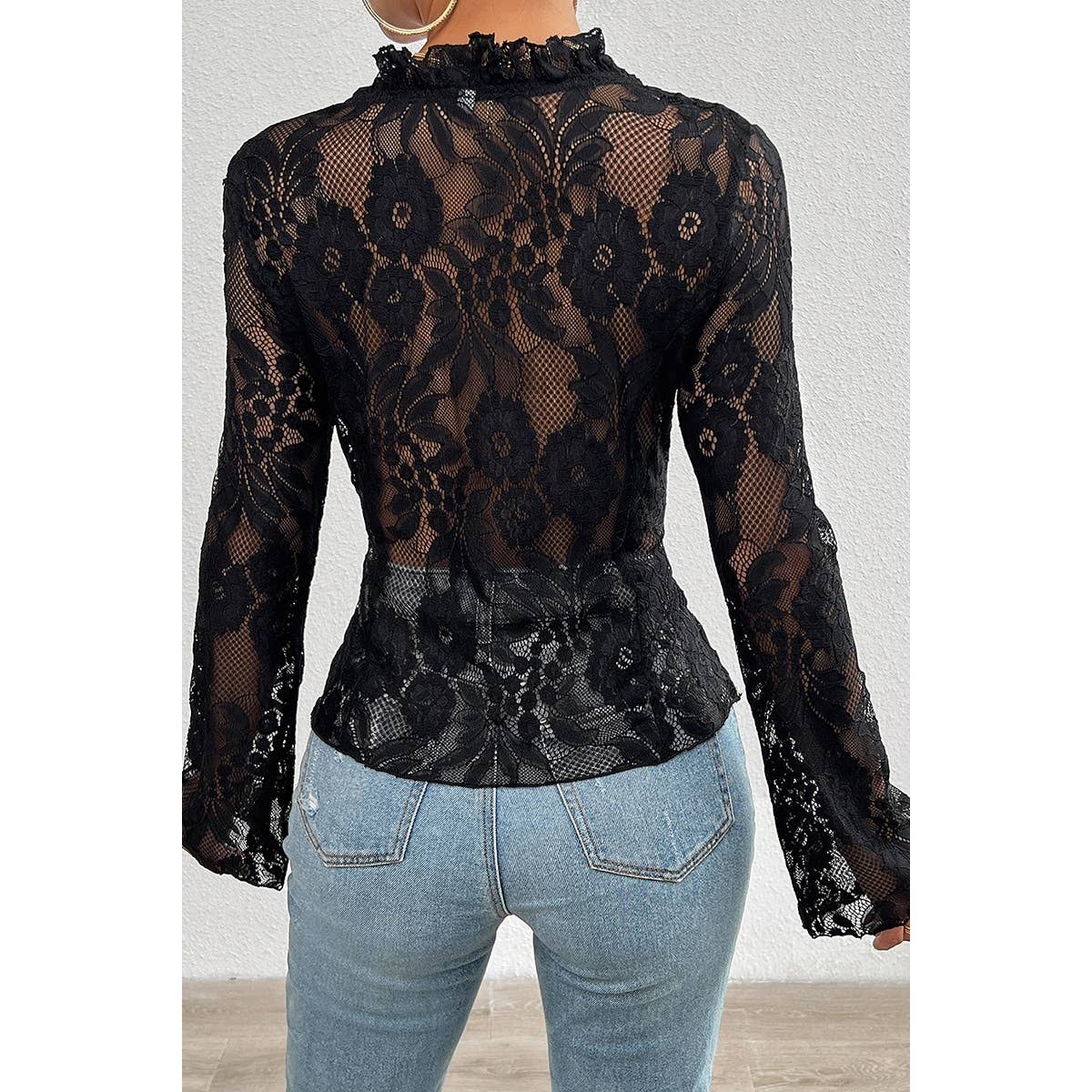 Hollow Out Lace Solid Knot Wrap Ruffle Hem Top