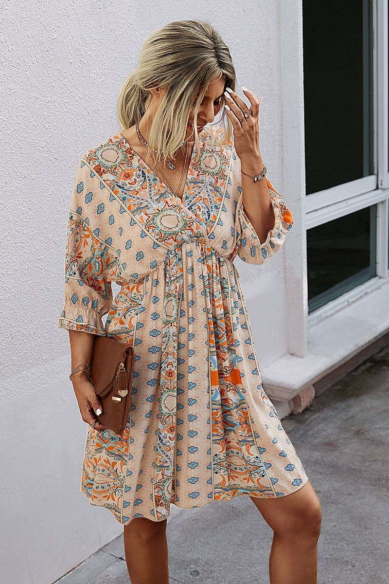 Boho Print Wrap Neck Tie Back Pleated Hem Dress