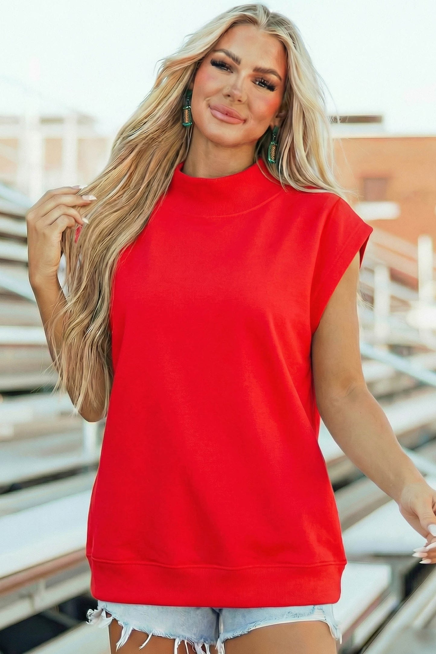 Phalaenopsis Solid Color High Neck Cap Sleeve Loose Top