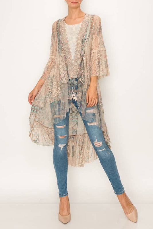 Ethereal Lace Tiered High-Low Kimono Cardigan - 4508 TAUPE/TURQ