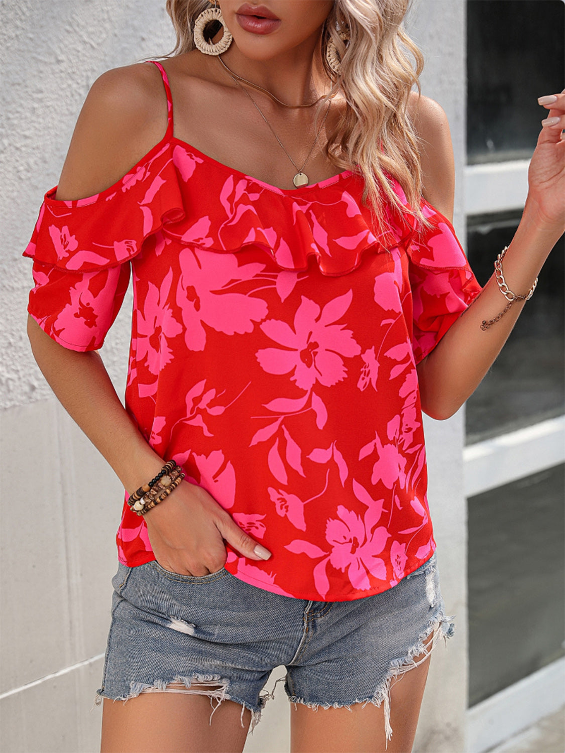 Printed Ruffled Short Sleeve Blouse