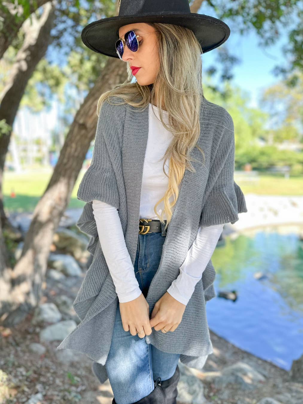 Soft Grey Ruffle Detail Open Front Lightweight Ruana Shawl