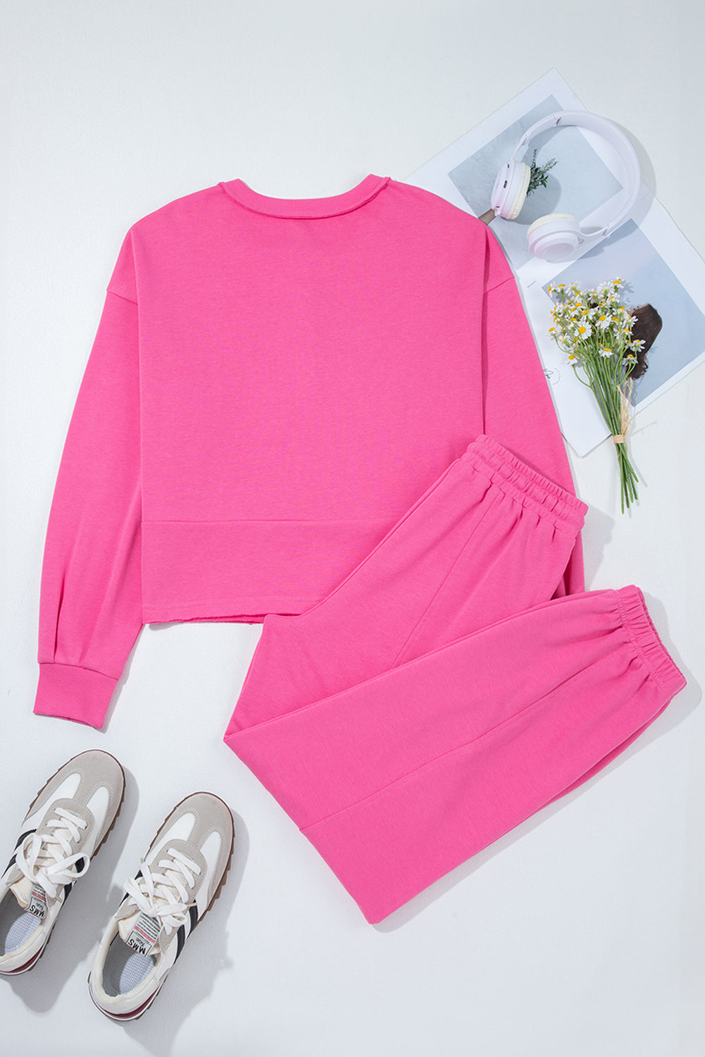 Bright Pink Raw Edge Henley Pullover and Jogger Pants Set