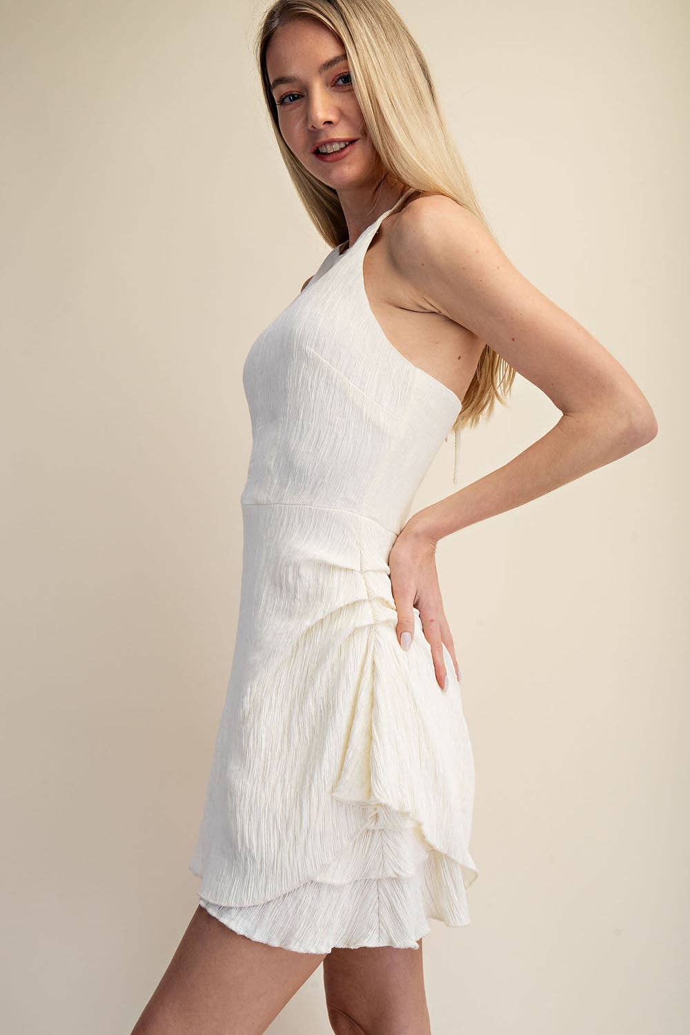 Cascade Midi Dress - Ruched A Line Textured Halter - WHITE