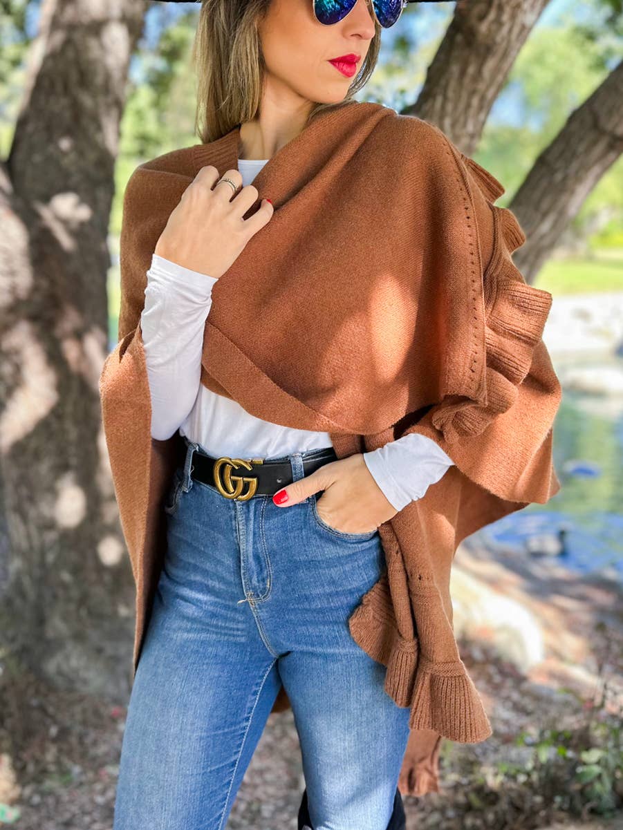 Elegant Brown Ruffled Knit Cape Shawl Ruana