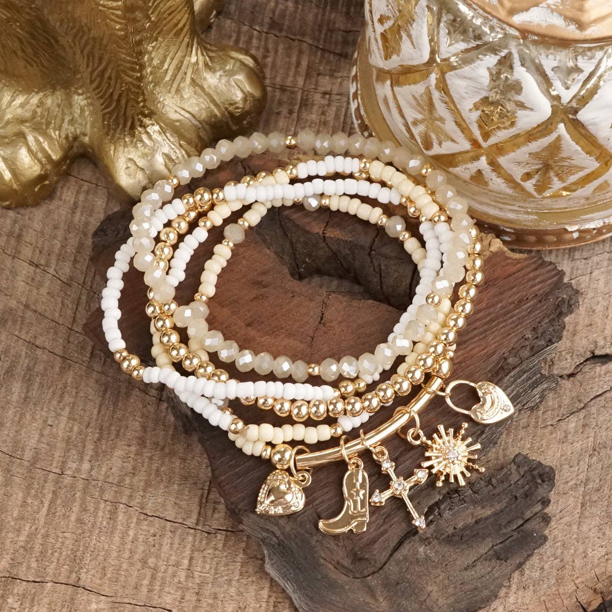 Charmed Whimsy – Set of 5 Mint & White Beaded Bracelets with Golden Charm Bar