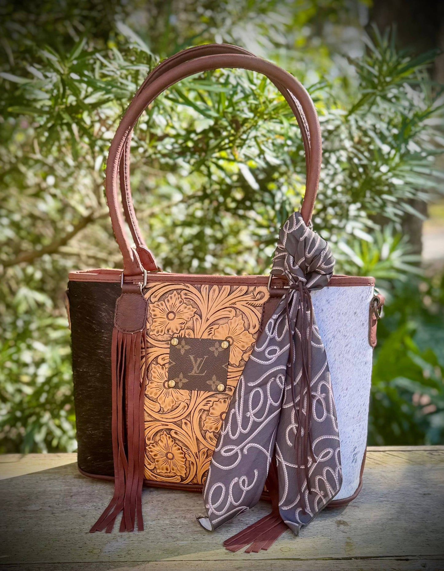 Upcycled LV Cowhide Leather Tote Handbag Western Rodeo NFR 