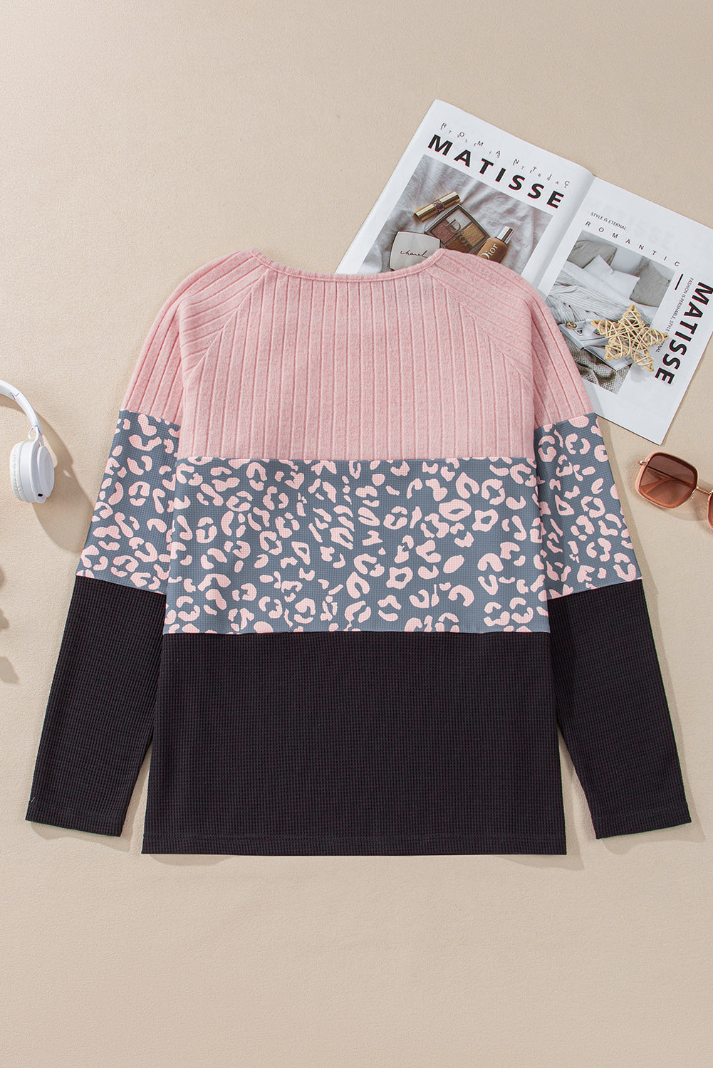 Pink Patchwork Button Decor Round Neck Top