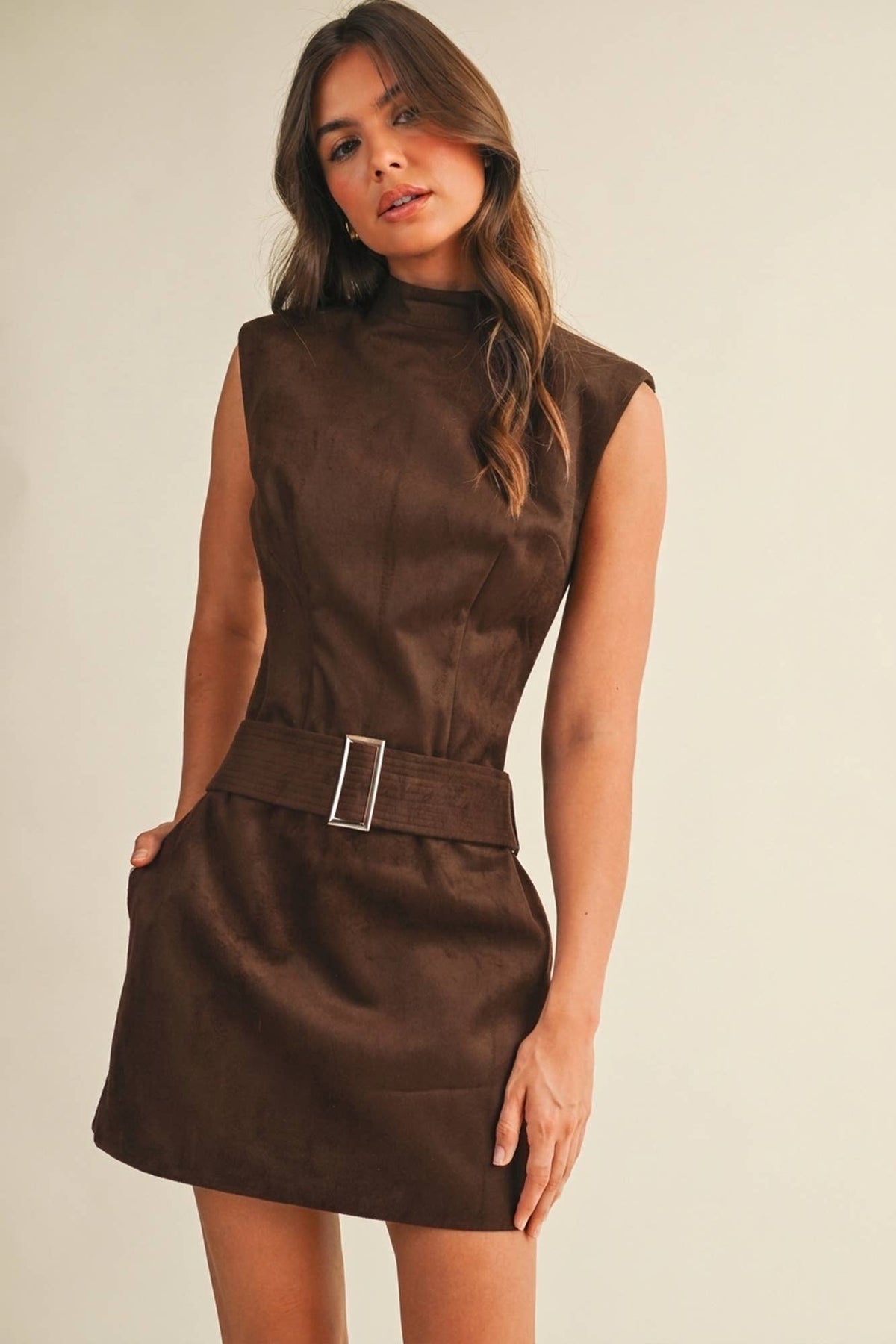 Belted Suede Mock Neck Dress