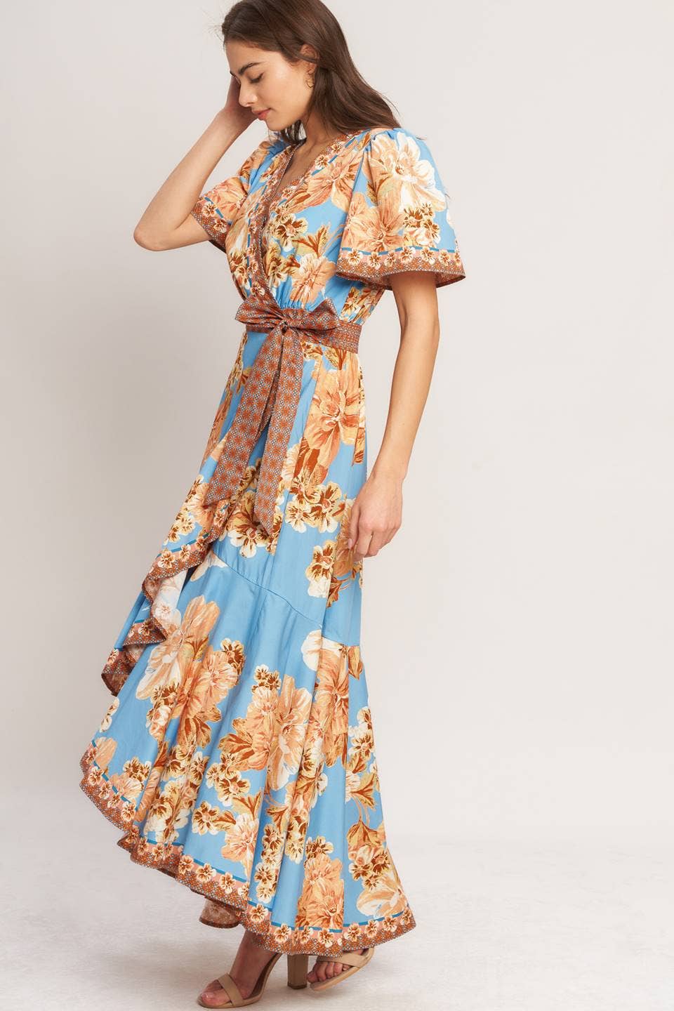 Printed woven hi-lo midi dress