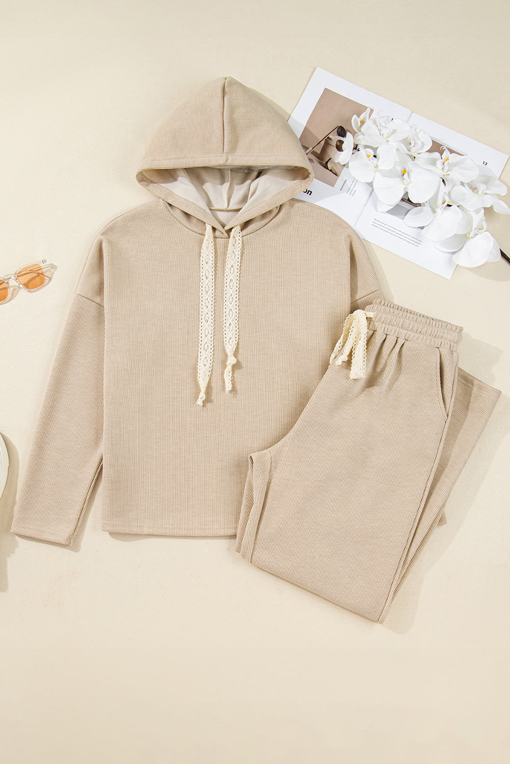 Smoke Gray Drawstring Pullover Hoodie and High Waist Pants Corduroy Suit