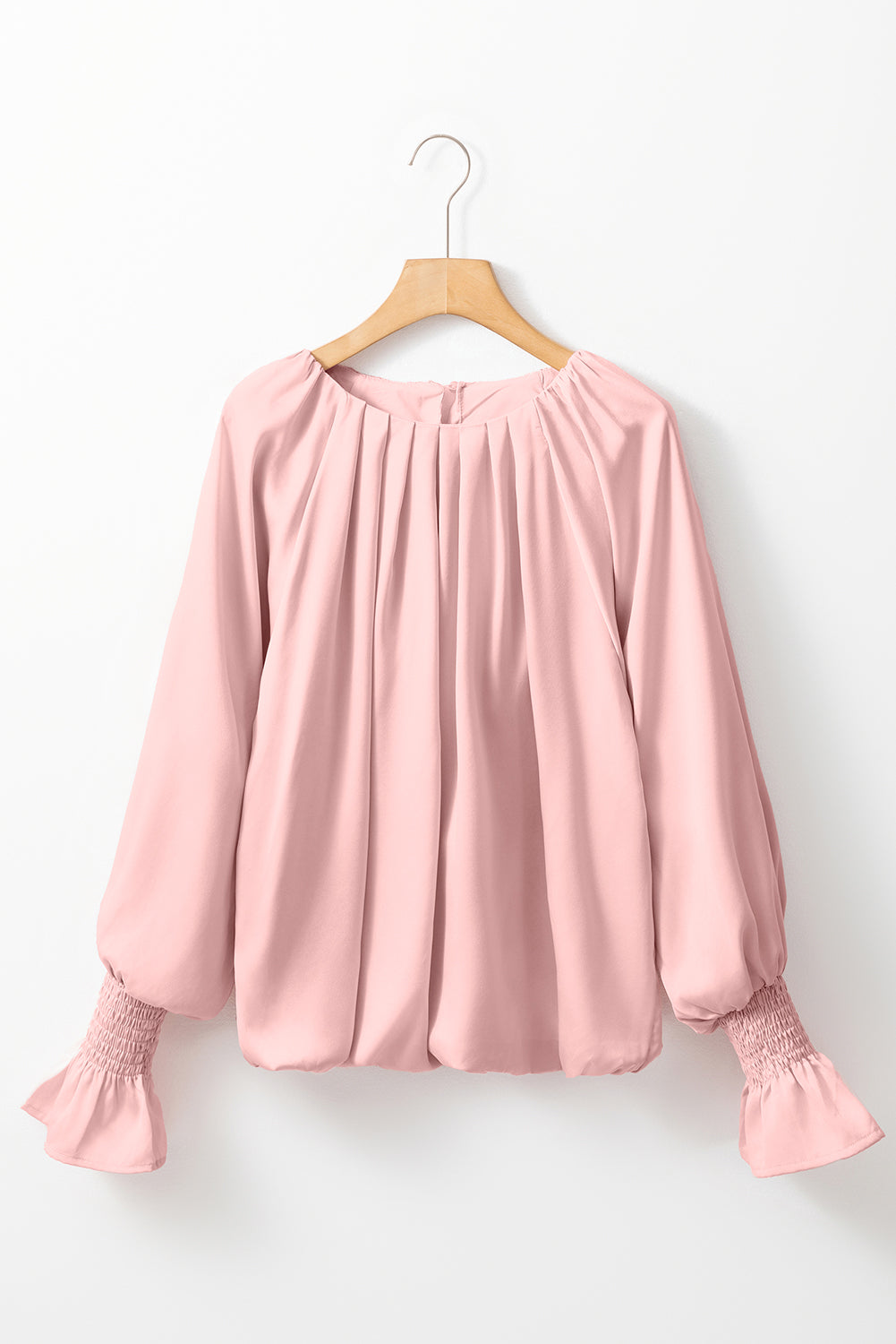 Pink Pleated Round Neck Smocked Cuffs Satin Blouse