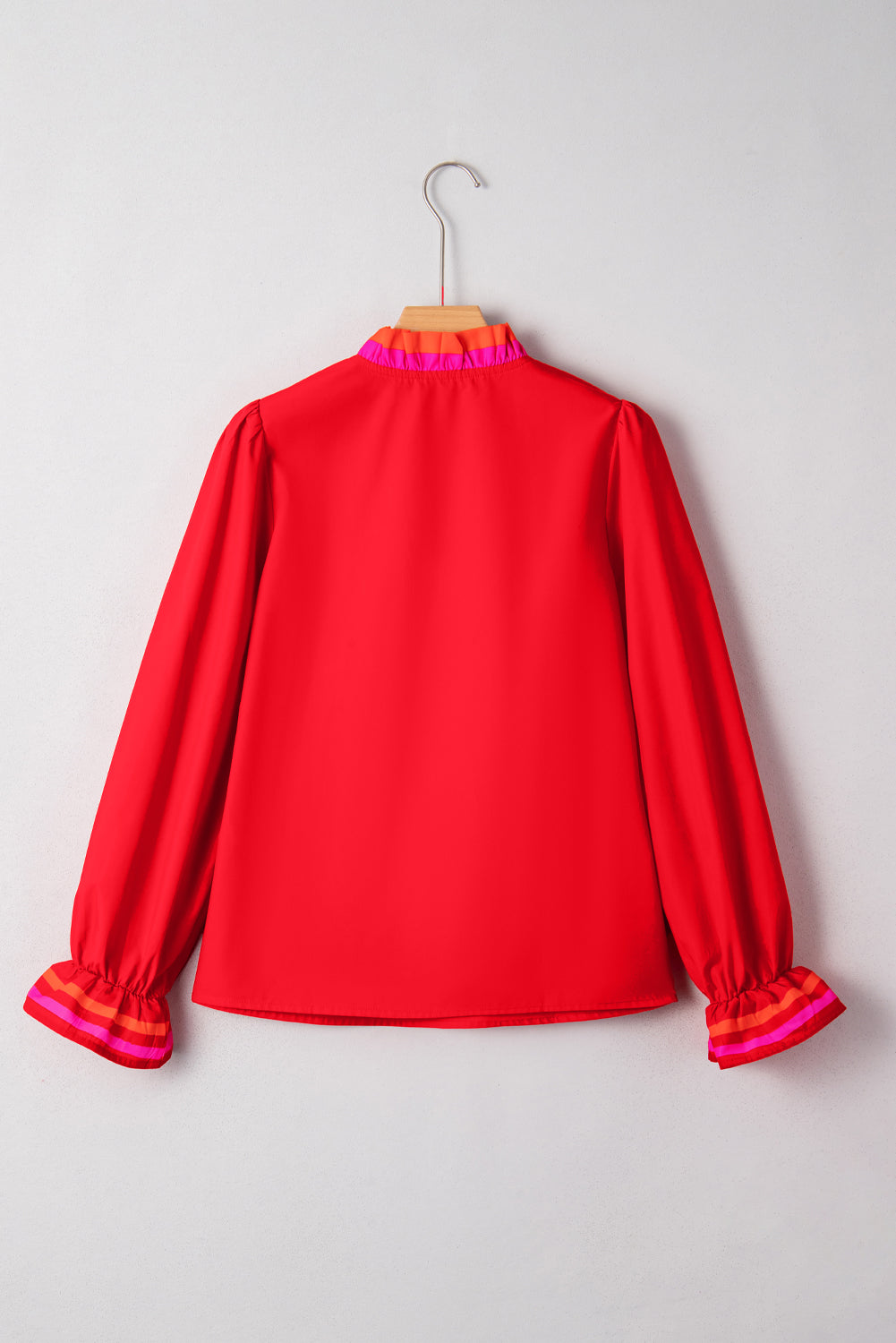 **Pre Order** Fiery Red Striped Trim Ruffle Split Neck Long Sleeve Blouse