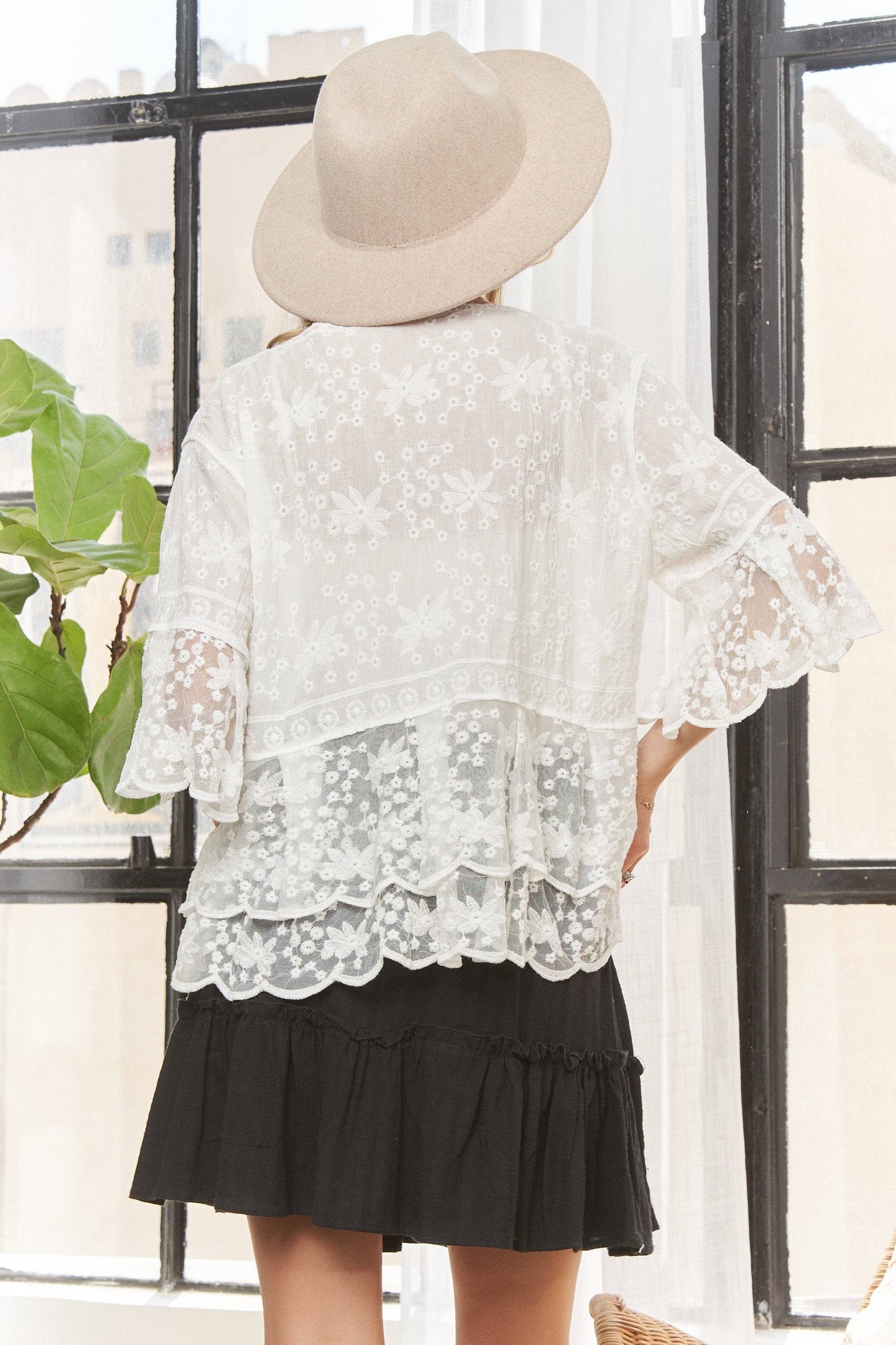 BELL SLEEVES LACE BLOUSE SCALLOP EDGE