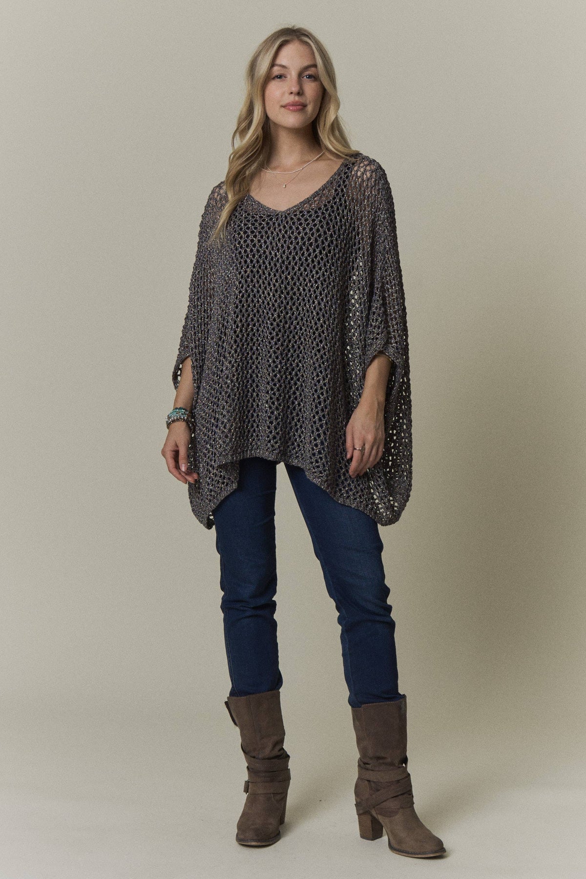 OPEN-KNIT PONCHO SWEATER TOP- CESW4486