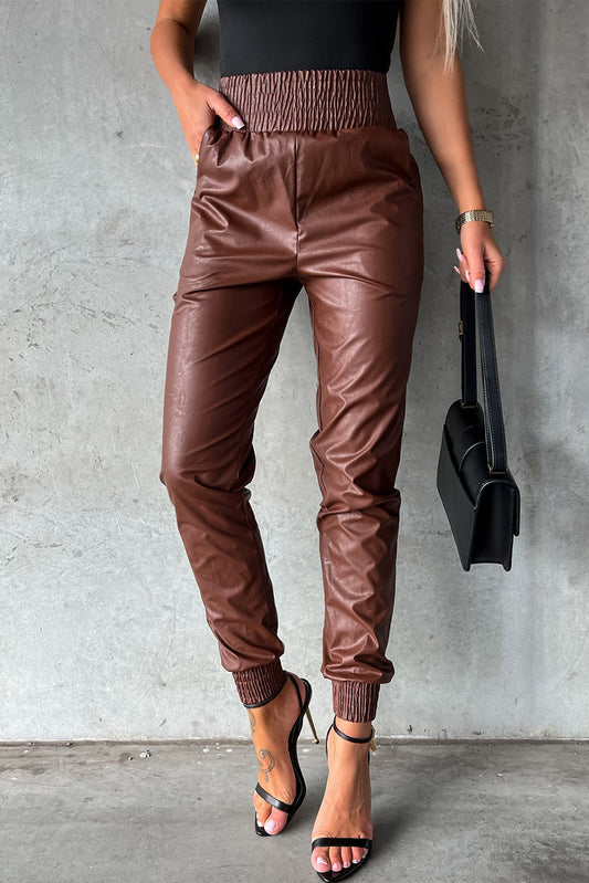 Smocked High Waist Leather Skinny Pants