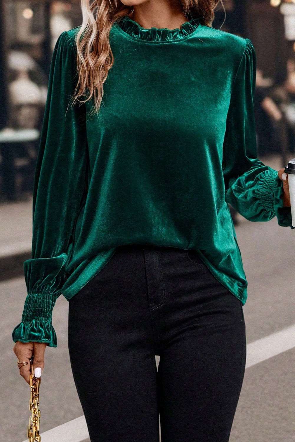 Frilled Collared Smocked Cuffs Puff Sleeve Velvet Blouse