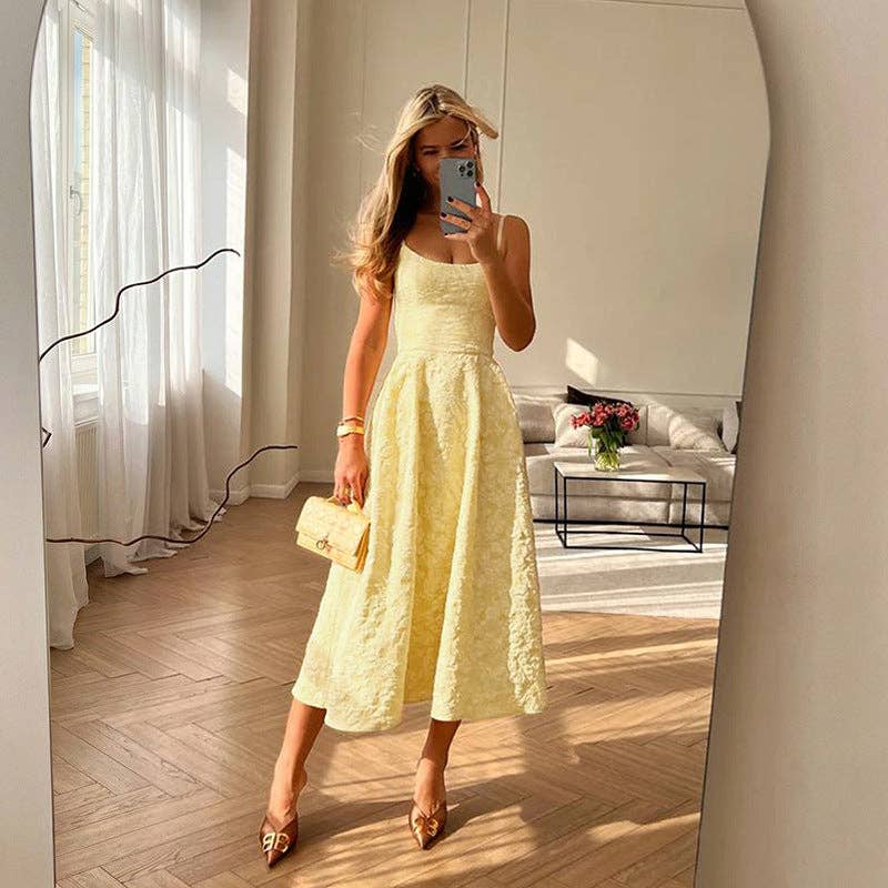 Floral Jacquard Dress Elegant A Line Backless Midi