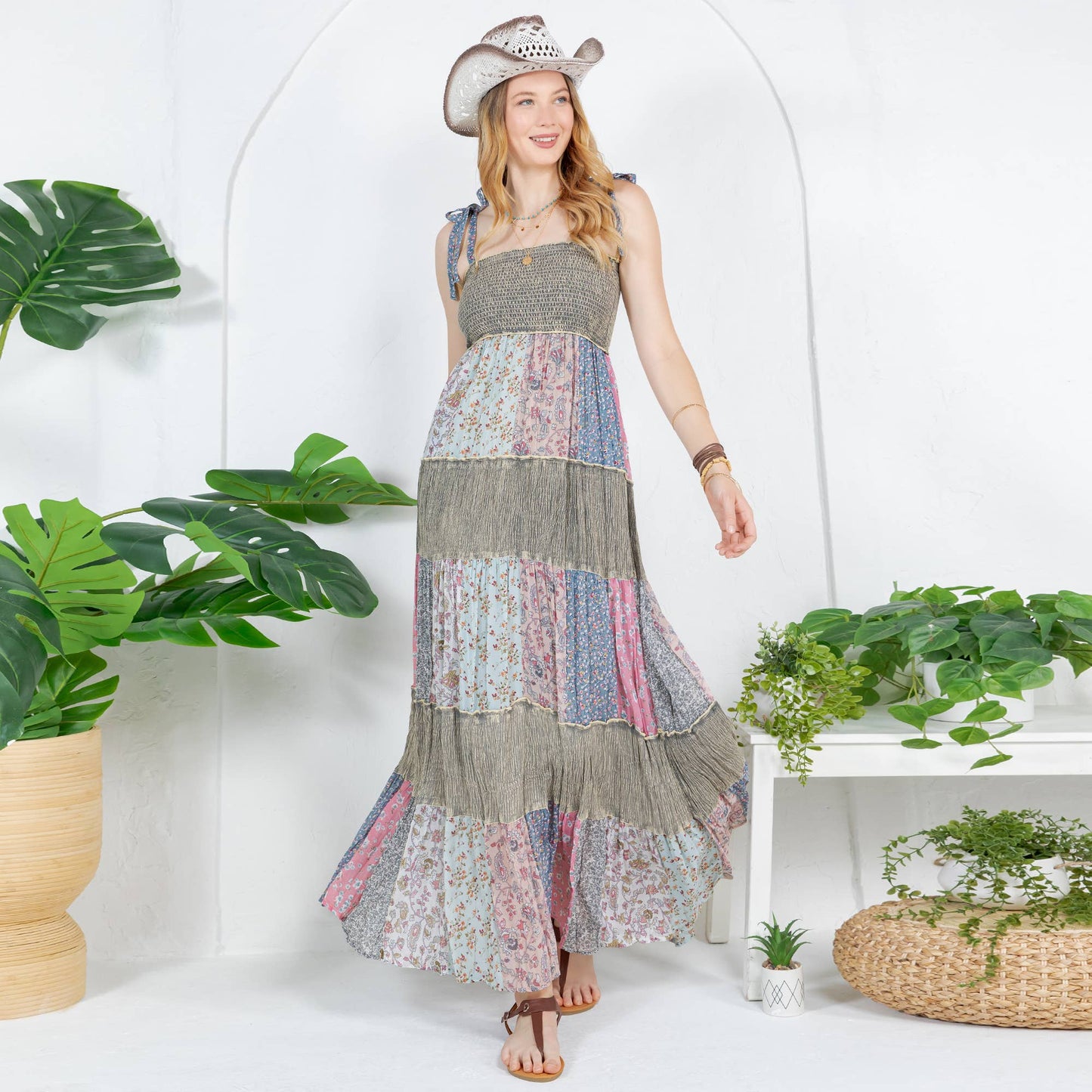 Artisan Pearl Maxi Dress Smocked Bodice Aari Embroidery