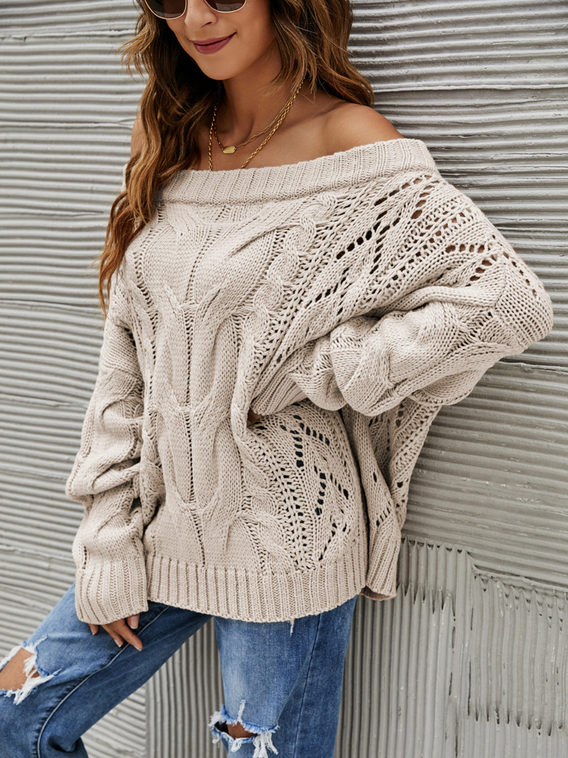 Knit Openwork Off-Shoulder Sweater