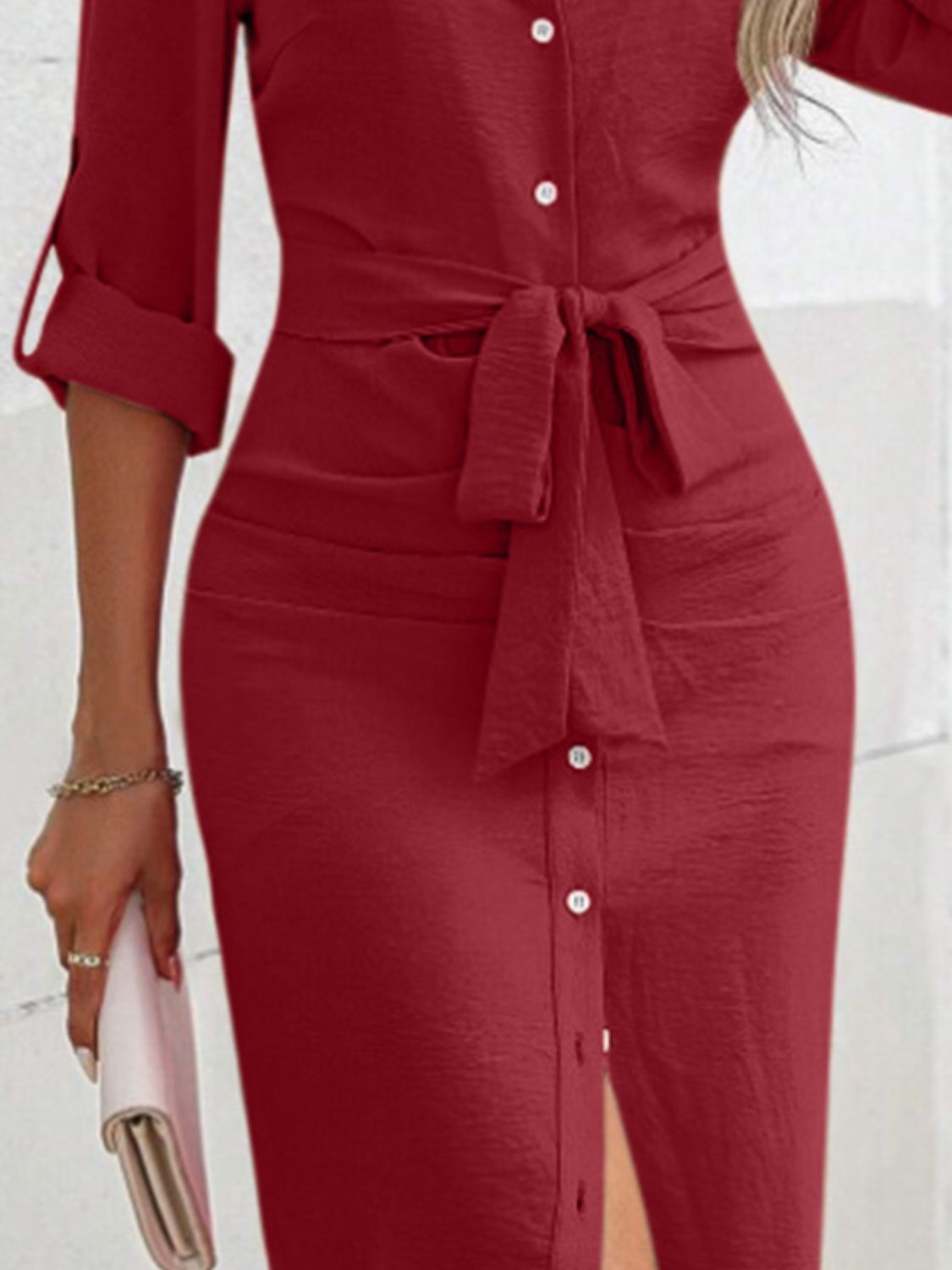 Button Up Collared Neck Roll-Tab Sleeve Dress