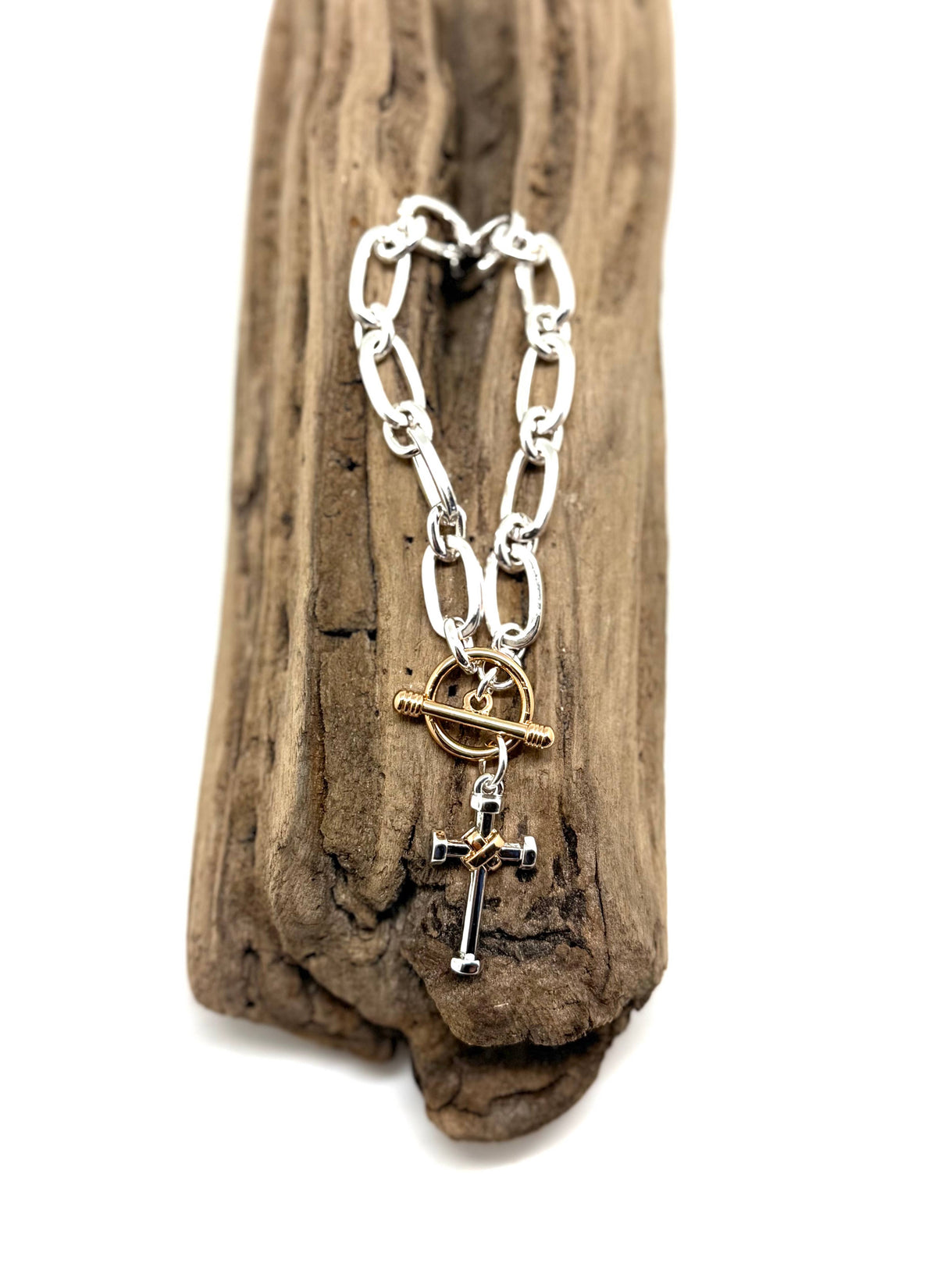 Bracelet Alloy Plated Silver Chain w/Gld Toggle, MM Cross