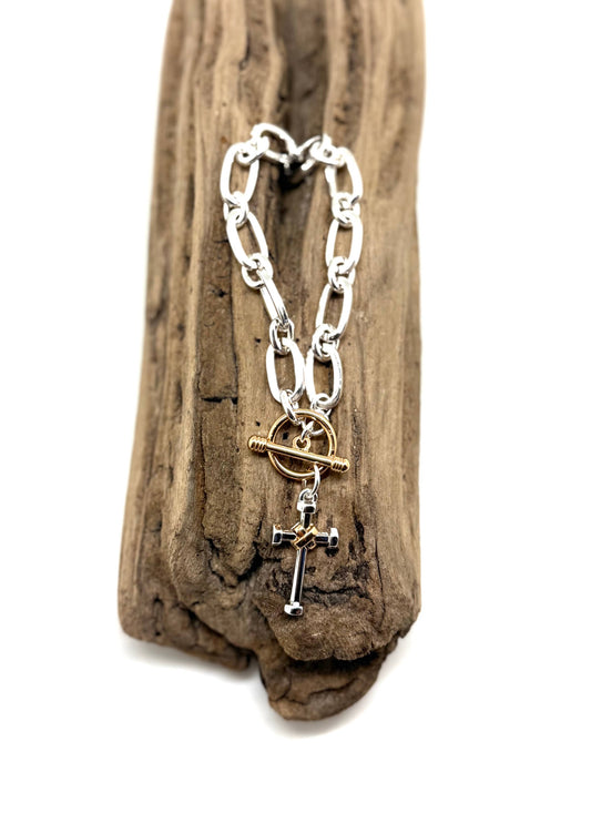 Bracelet Alloy Plated Silver Chain w/Gld Toggle, MM Cross