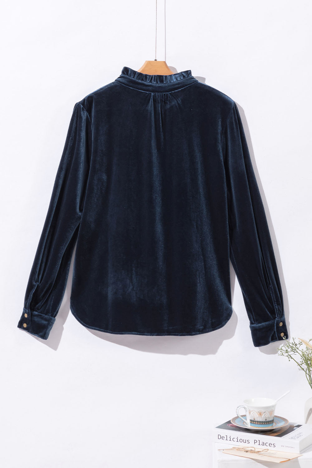 Frilled Buttoned V Neck Velvet Blouse