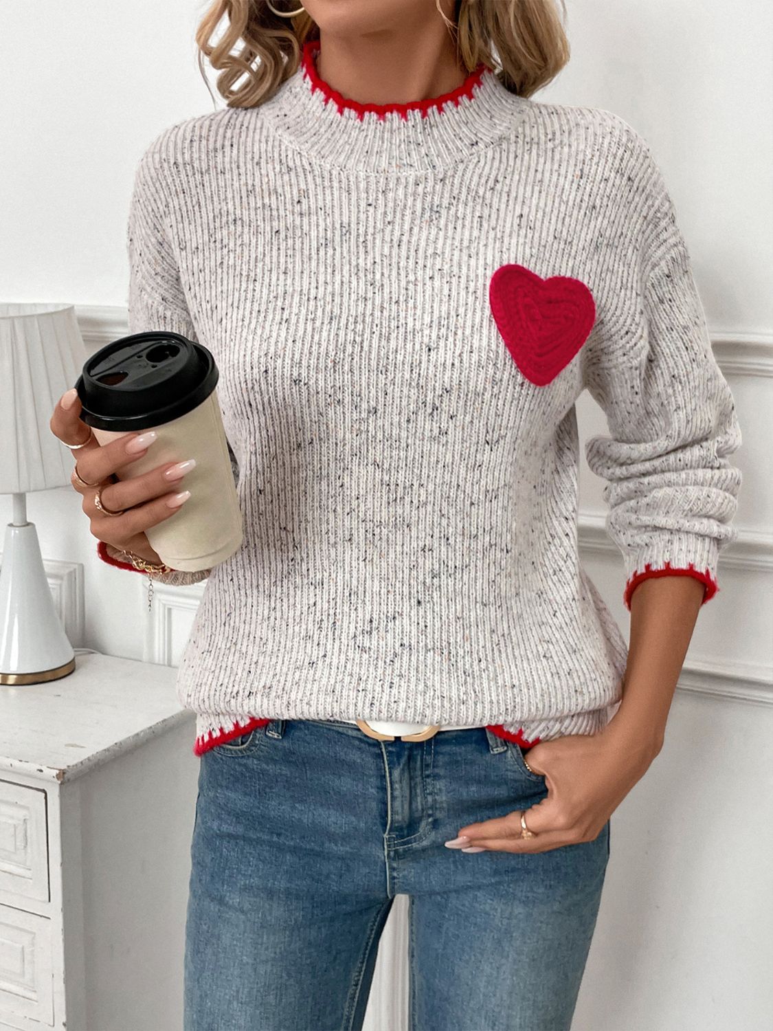 Light Gray Heart Round Neck Long Sleeve Sweater