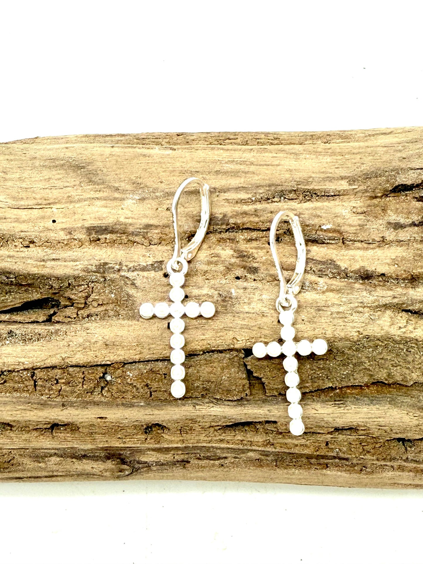 Earring Alloy Plated Pearl Glass Cross Drop w/Silver Hook
