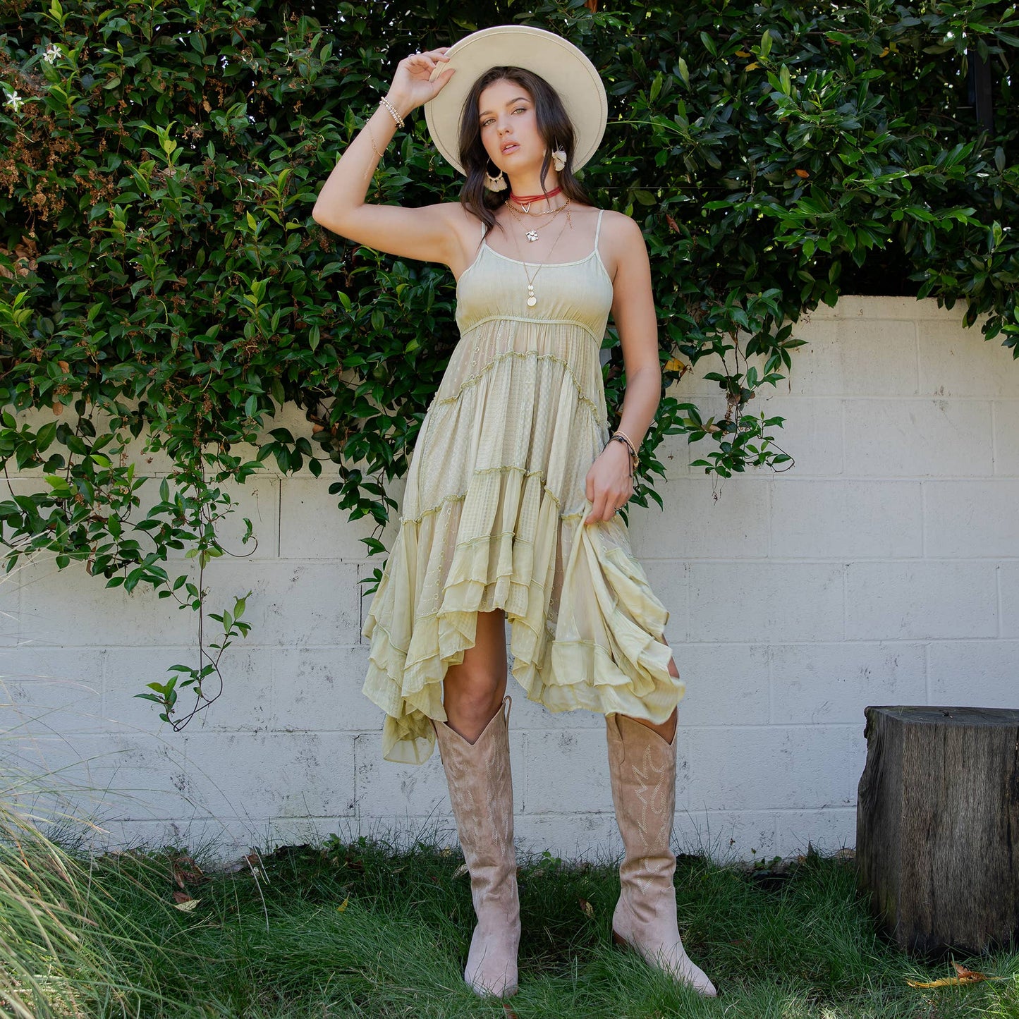 Boho Midi Dress with Ruched Bodice & Asymmetric Tiers