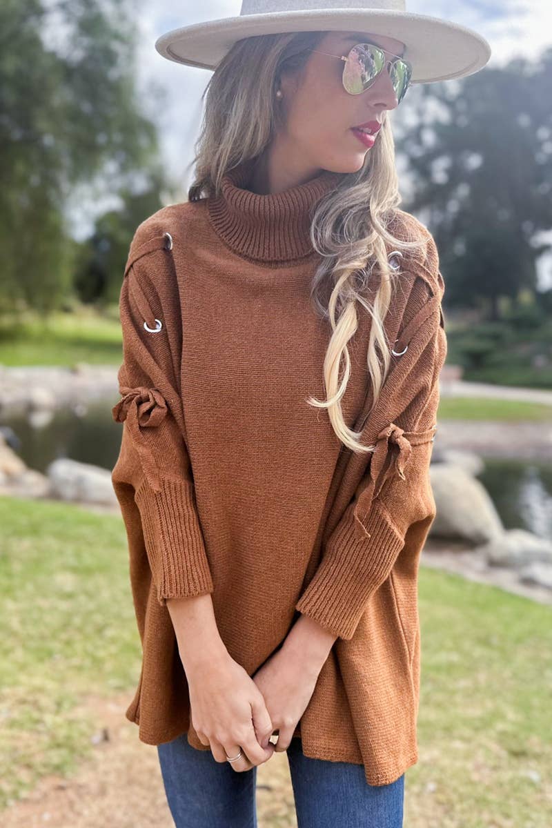 Cognac Lace-Up Sleeve Turtleneck Knitted Poncho Top