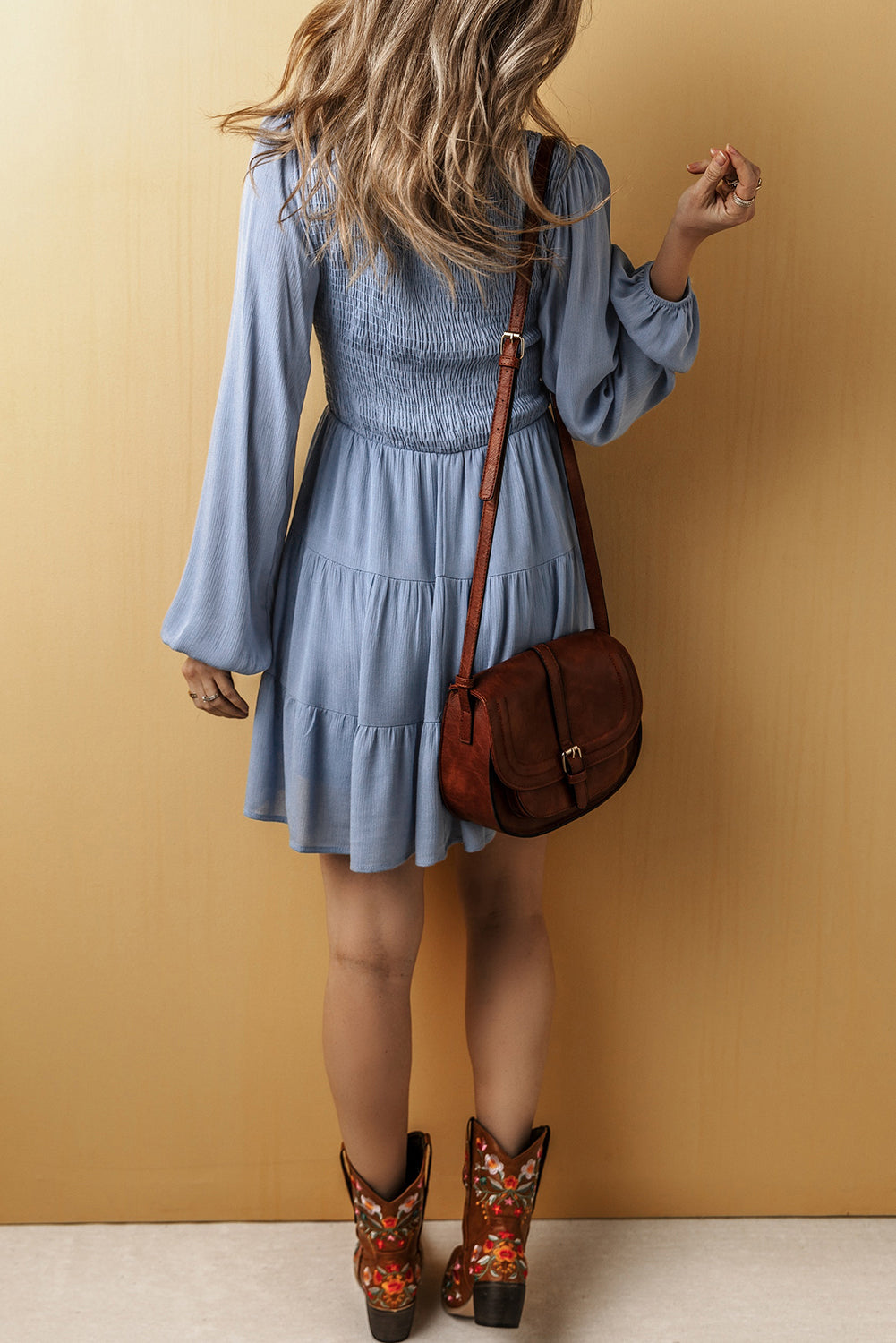 V Neck Smocked Tiered Mini Dress