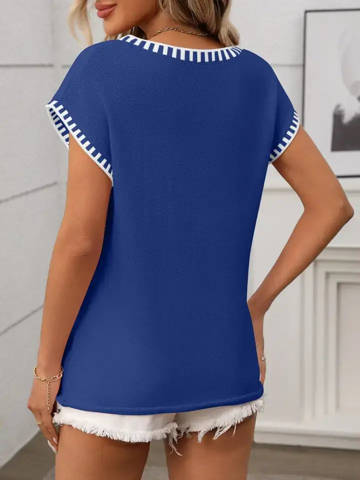 V Neck Cape Sleeve Knit Top Lightweight Summer Sweater