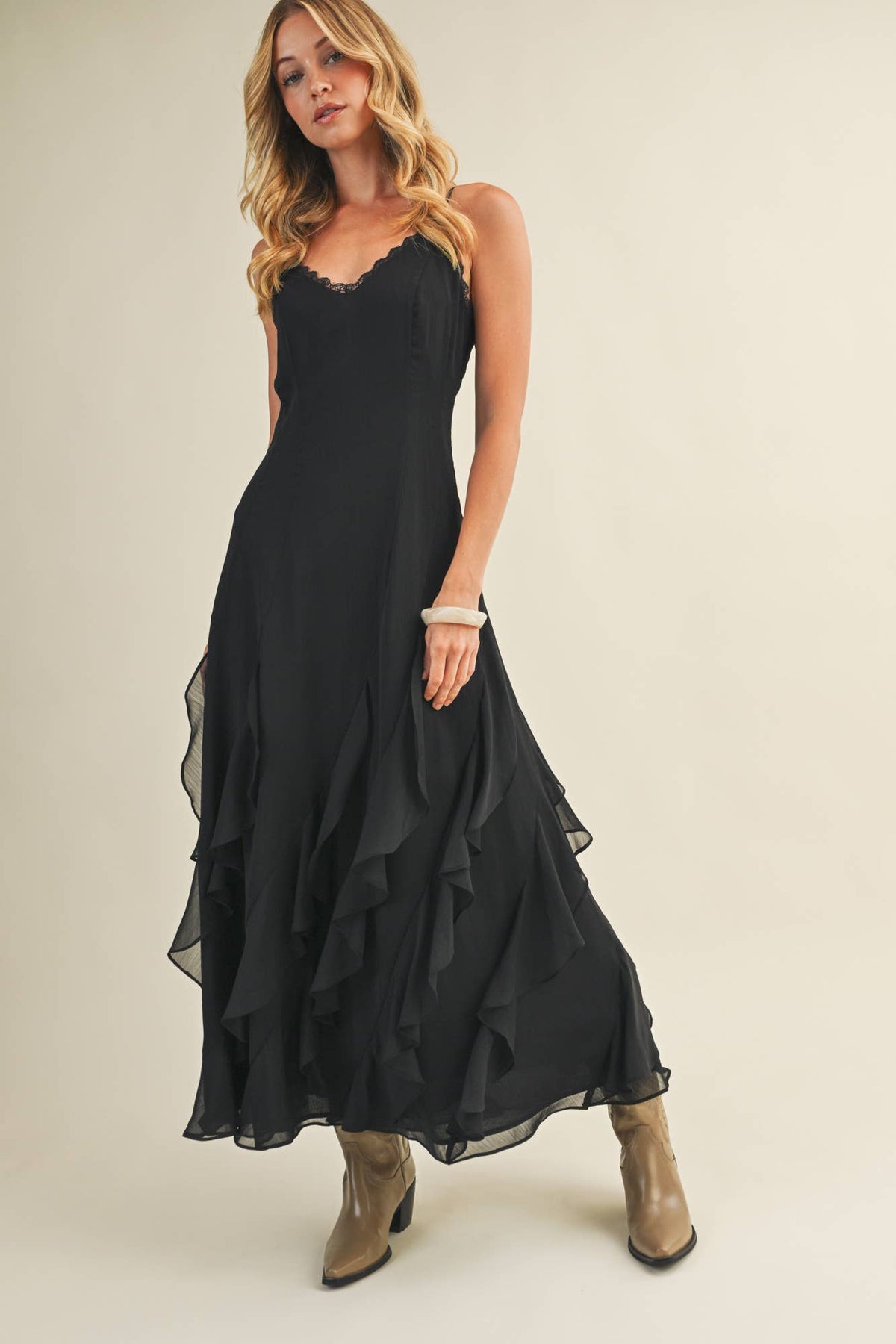 Lace V-Neck Cascading Ruffle Dress