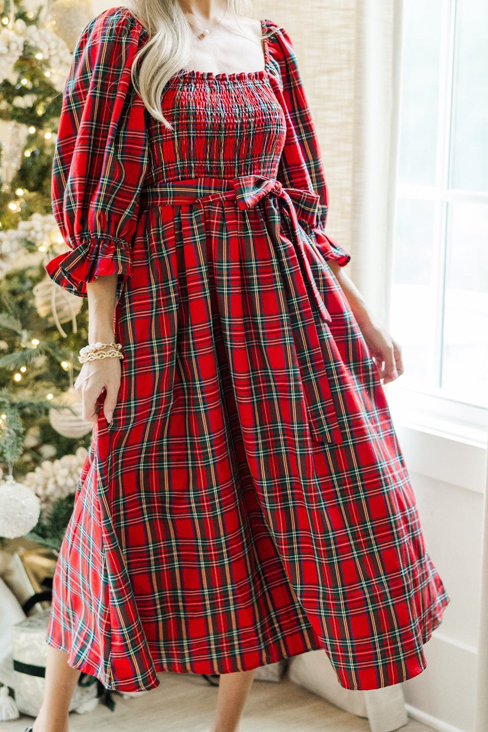 Red Plaid Square Neck Puff Sleeve Bowknot Waist Flared Midi Dress