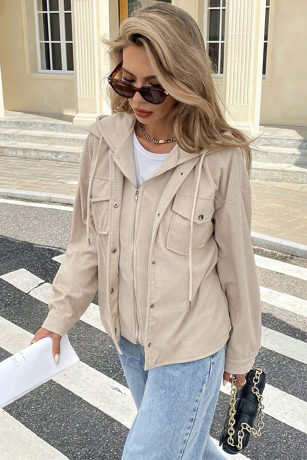 Beige Solid Color Textured Patchwork Flap Pocket Shacket