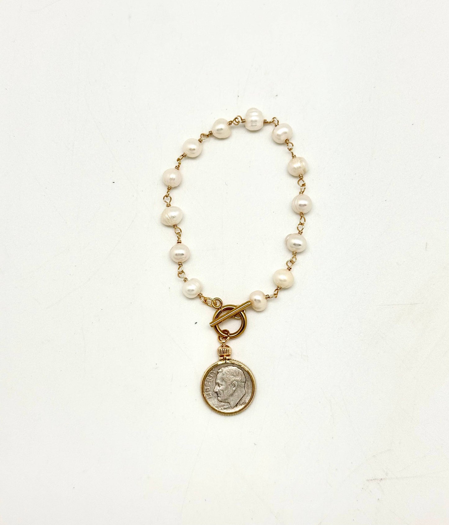 Bracelet Genuine American Dime 90%Silver Freshwater Pearl 7”