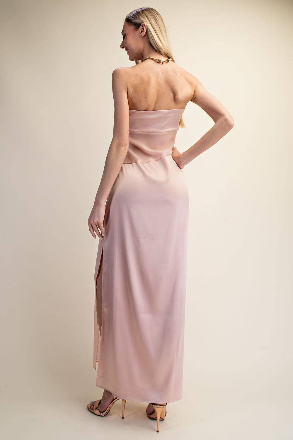 Strapless Satin Wrap Maxi Dress with Side Slit