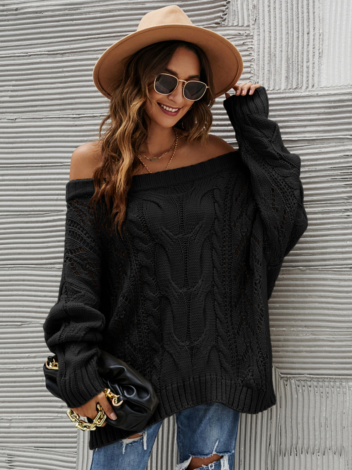 Knit Openwork Off-Shoulder Sweater