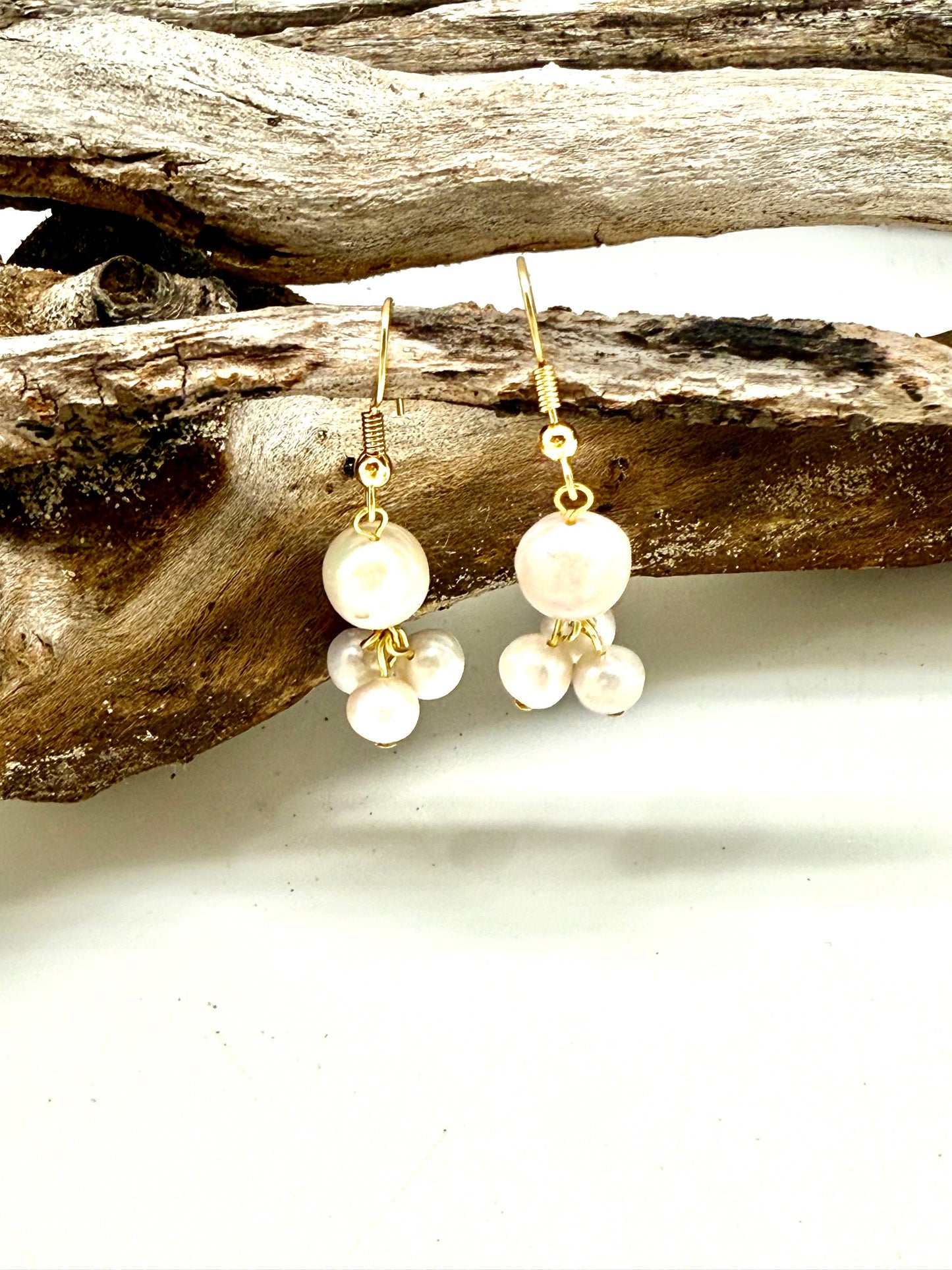 Earring Baroque Pearl w/3 Freshwater Pearls Gold French Hook