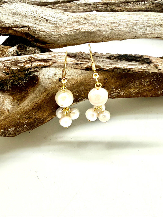 Earring Baroque Pearl w/3 Freshwater Pearls Gold French Hook
