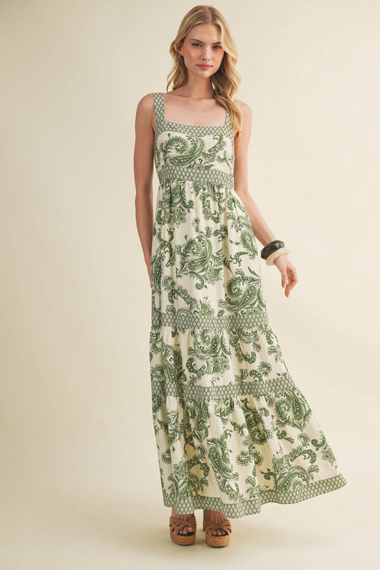 Banded Paisley Print Tiered Maxi Dress