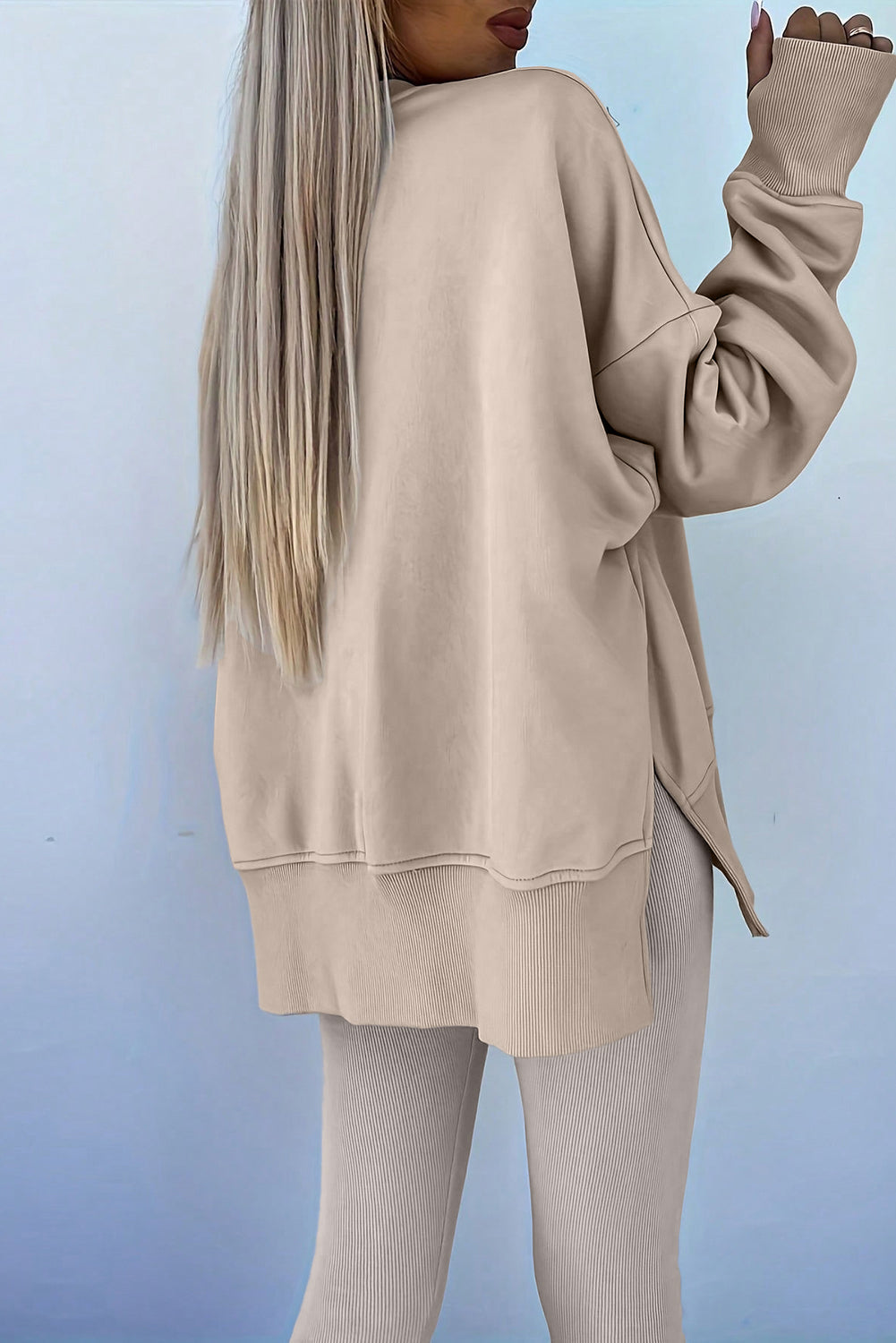 Orchid Mist Solid Color Oversized Slit Sweatshirt Ribbed Leggings Set