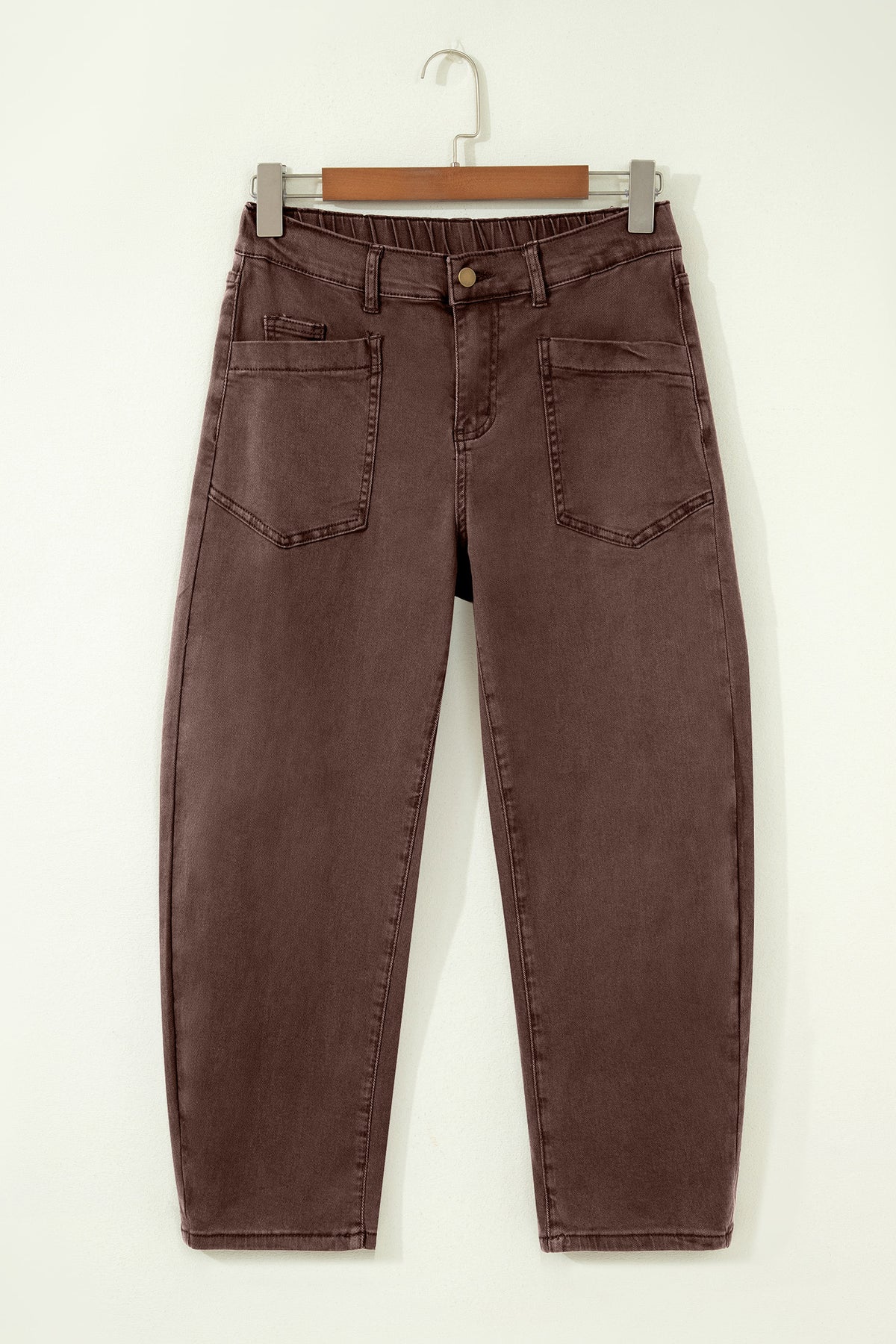 Beau Blue Solid Color Square Patch Pocket Ankle-length Barrel Jeans