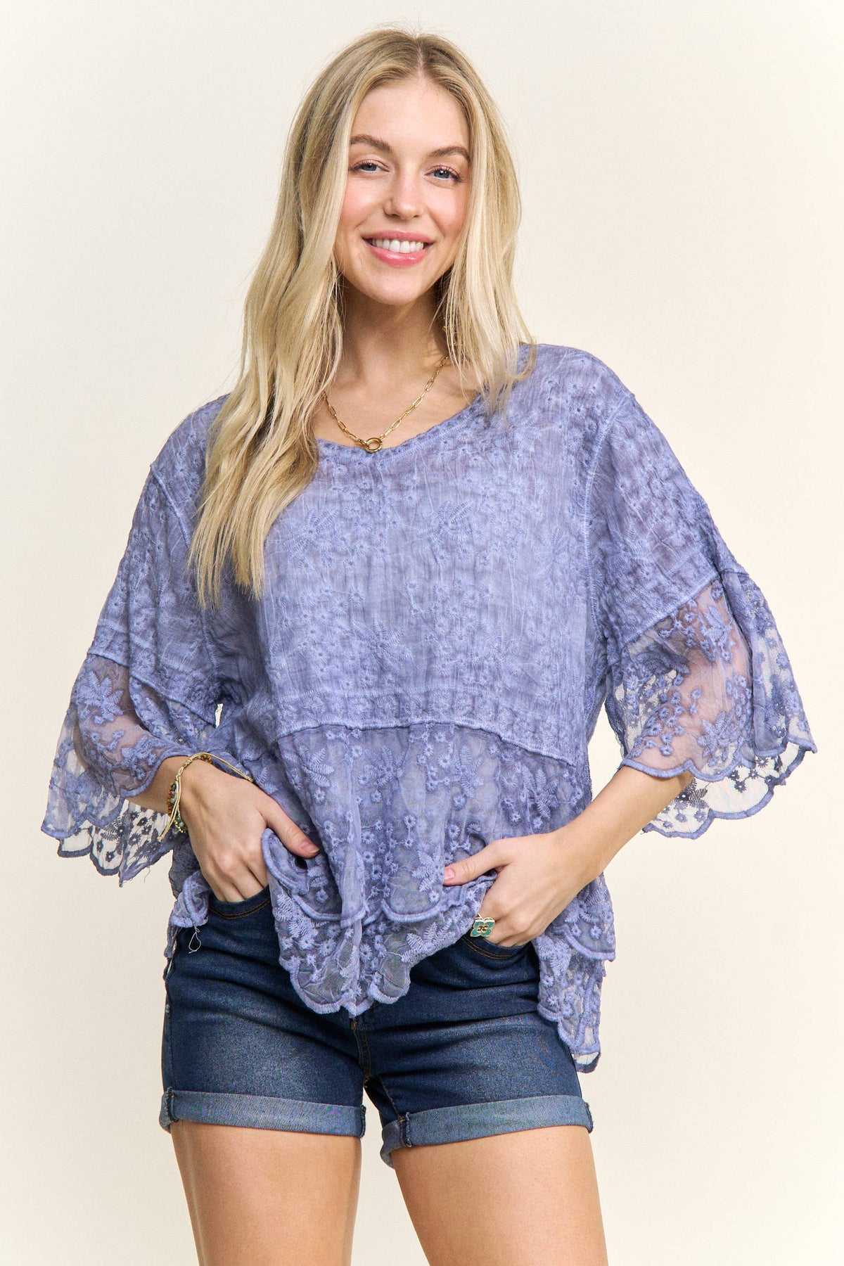 BELL SLEEVES LACE BLOUSE SCALLOP EDGE - CET3907