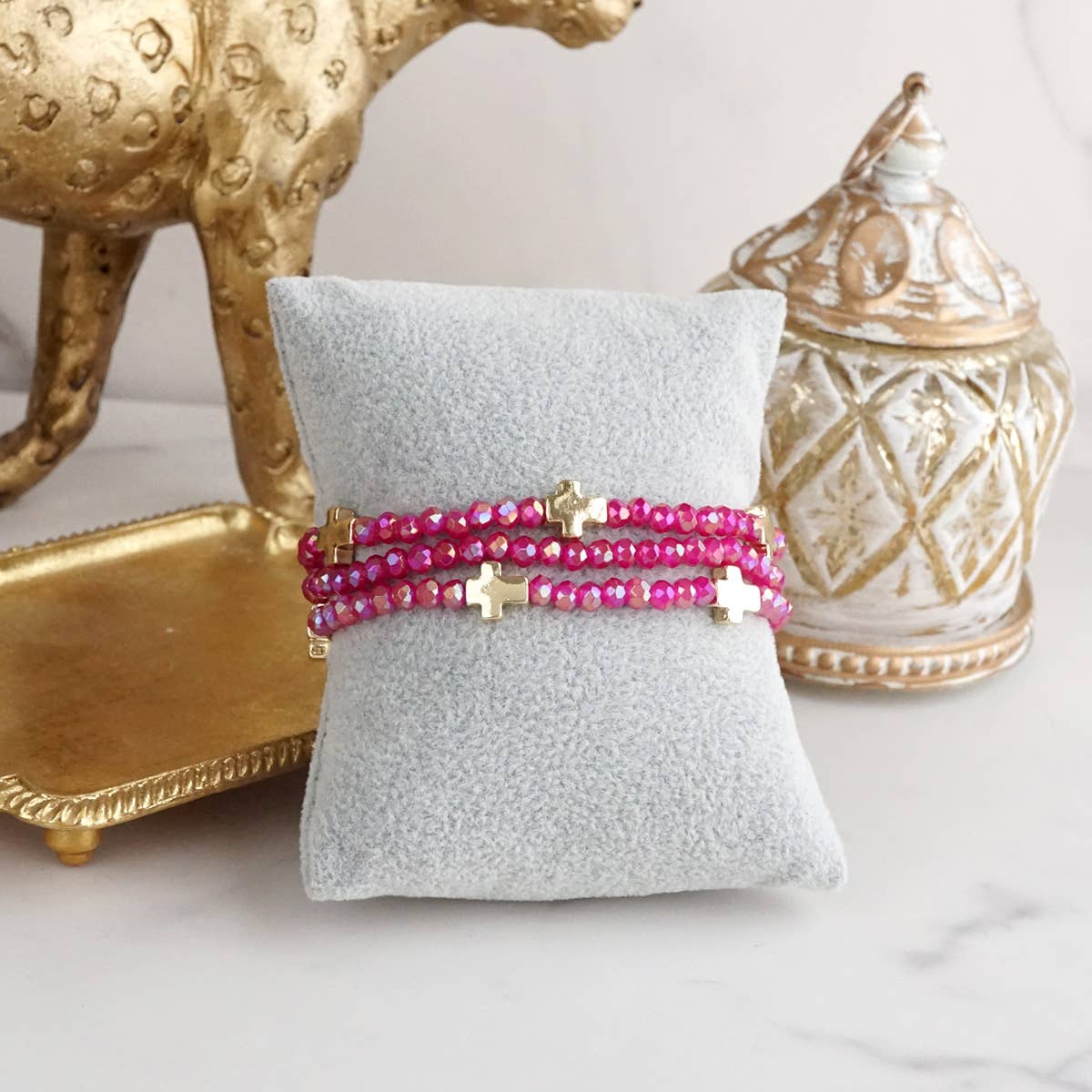 Mini Sideways Cross Bracelet stack Glass and gold metal beads