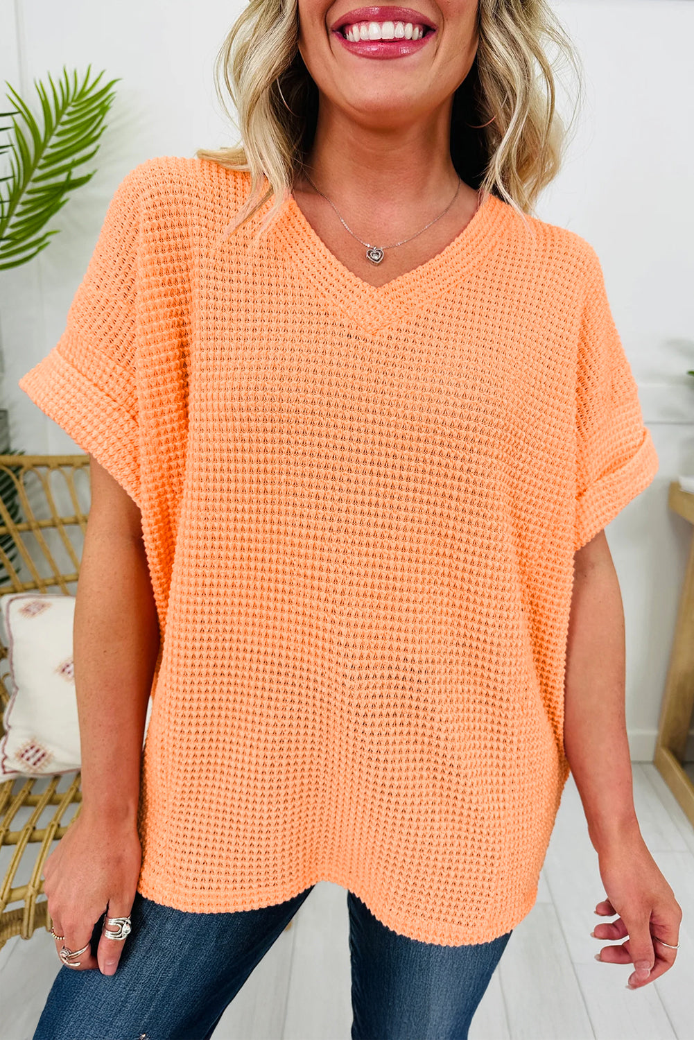 Grapefruit Orange Waffle V Neck Short Sleeve Knit Top
