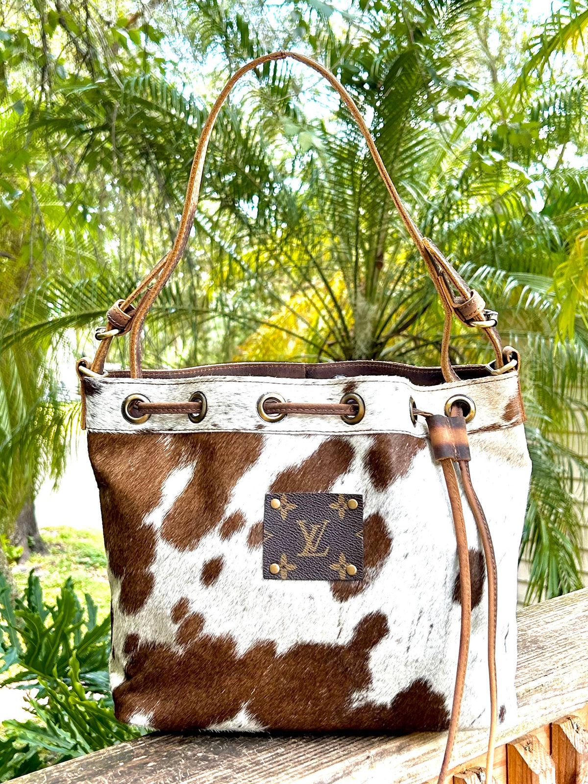 Upcycled LV Cowhide Leather Bucket Crossbody Shoulder Bag