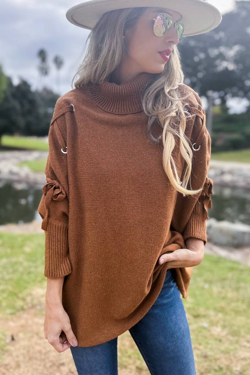 Cognac Lace-Up Sleeve Turtleneck Knitted Poncho Top